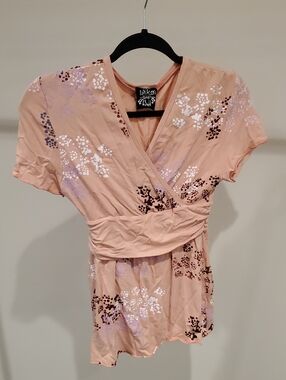 Lilikoi - Pink/Salmon Floral Wrap-Front Blouse